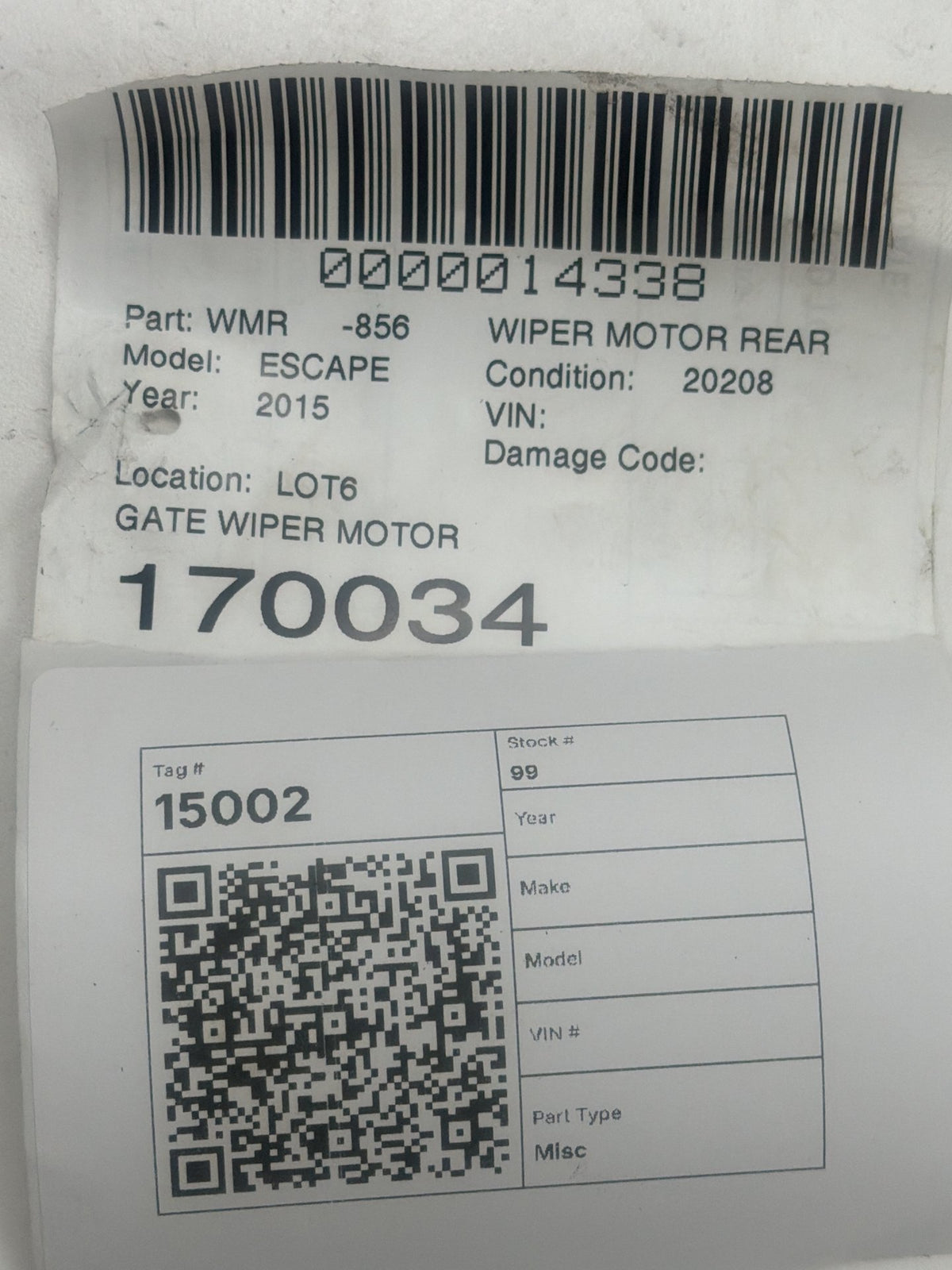 2013-2016 Ford Escape - Rear Wiper Motor CJ54-17404-AA OEM