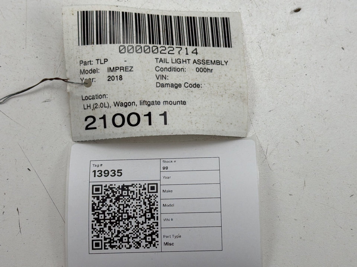 2017-2019 Subaru Impreza Rear Left Driver Side Inner Tail Light 84251-FL05B OEM
