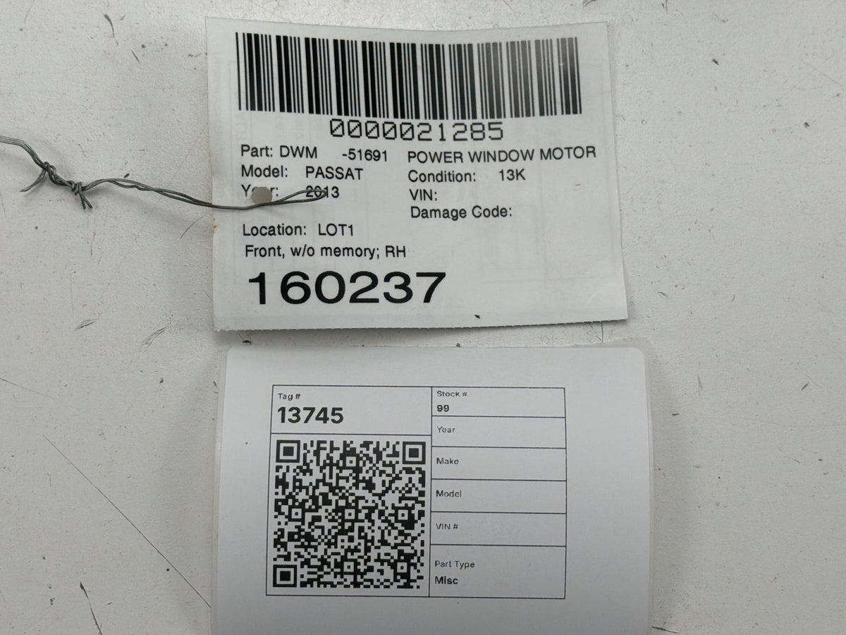 2012-2015 Volkswagen Passat Front Right Passenger Side Window Regulator OEM